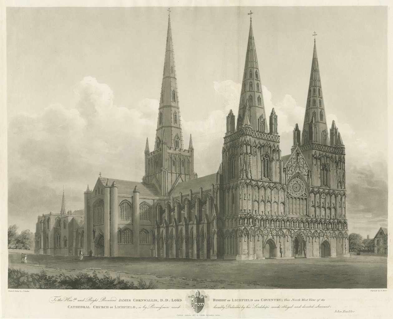 Katedrála Lichfield – pohled na severozápad: rytina, [1807] od John Buckler