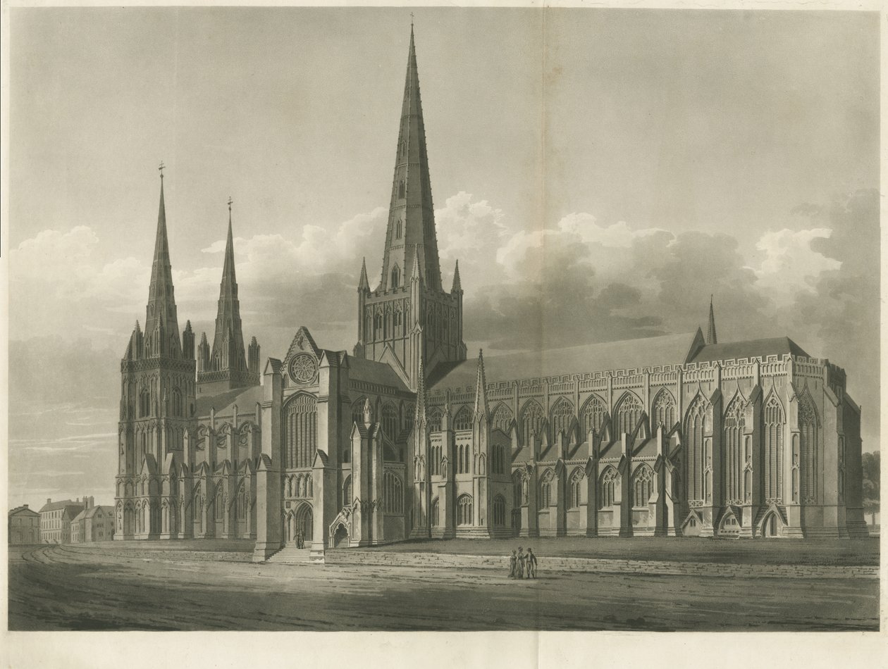 Katedrála Lichfield - South East View: rytina akvatinty a [?19. století] od John Buckler