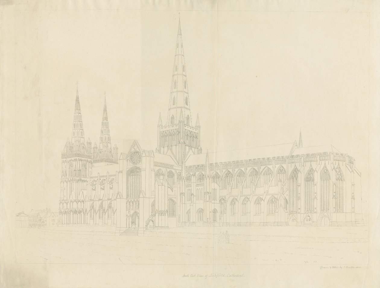Katedrála Lichfield - South East View: obrysový lept, nd [1808] od John Buckler