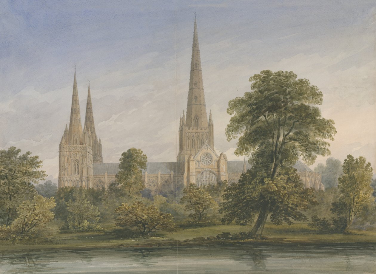 Katedrála Lichfield - South East View: malba vodovými barvami, nd [?1842] od John Buckler
