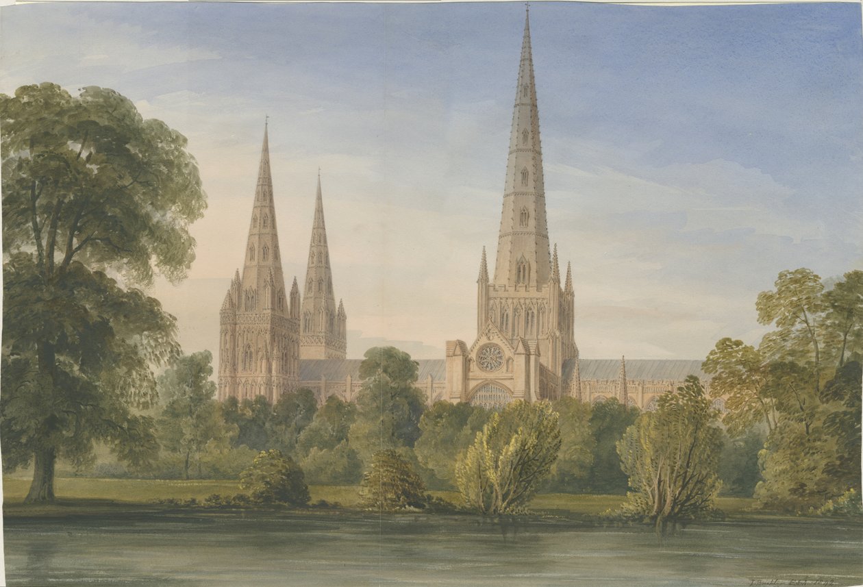 Katedrála Lichfield - South South East View: malba vodovými barvami, 1842 od John Buckler