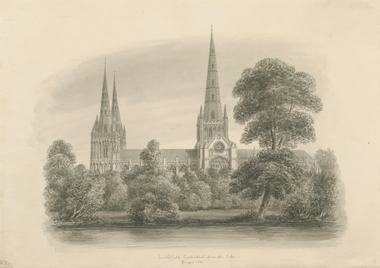 Katedrála Lichfield - jižní pohled: sépiová kresba, 1841 od John Buckler