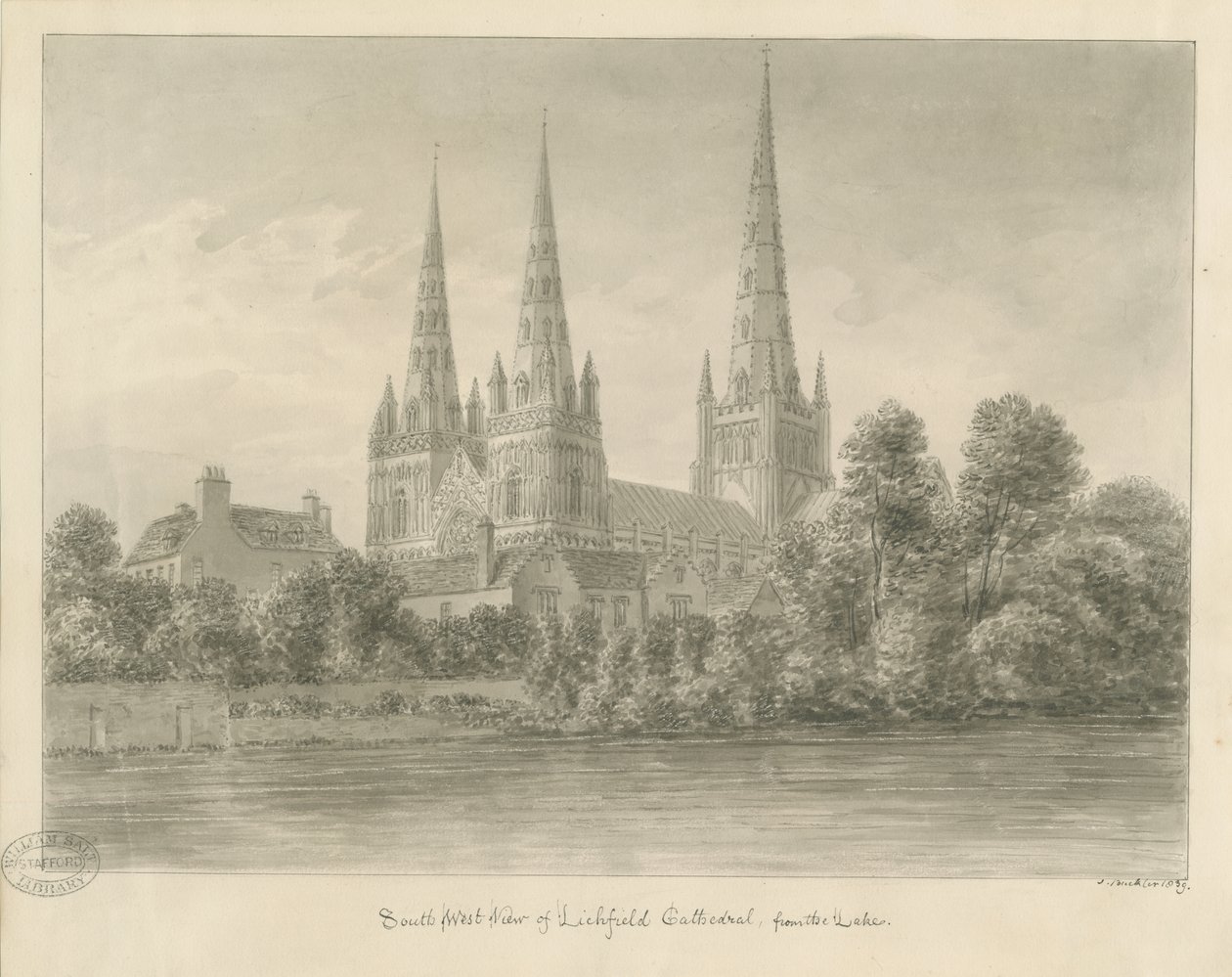 Lichfieldská katedrála - jihozápadní pohled: sépiová kresba od John Buckler