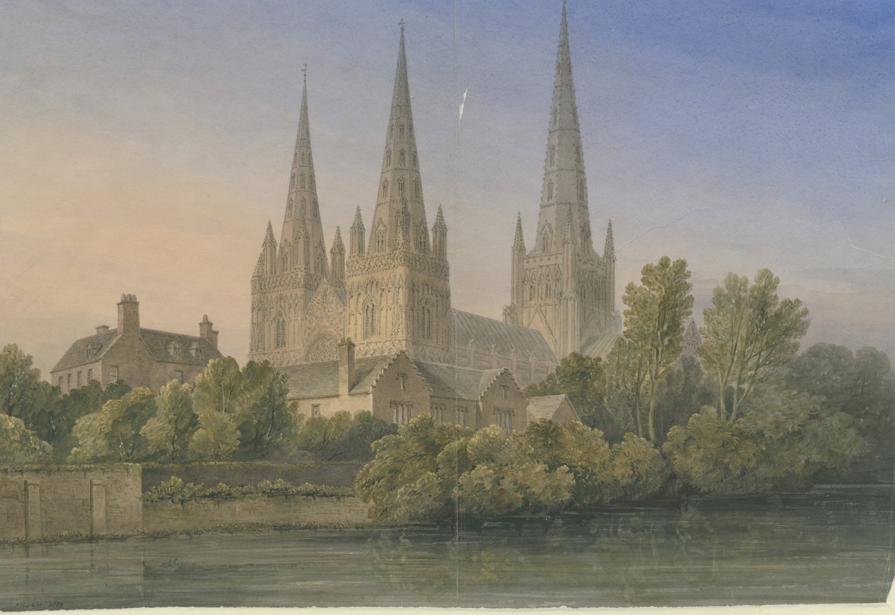Katedrála Lichfield - South West View: malba akvarelem, 1839 od John Buckler