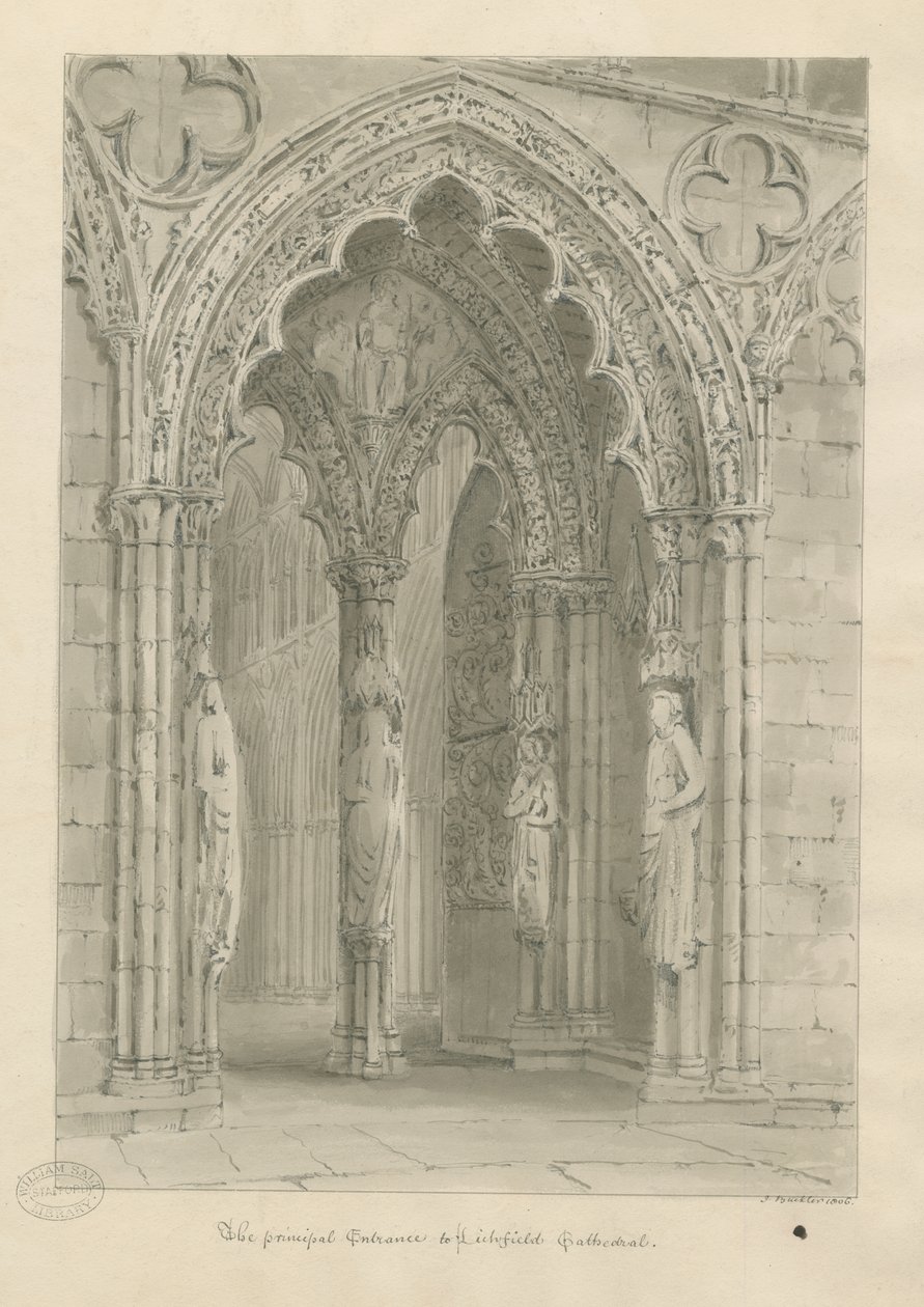 Katedrála Lichfield - West Doorway: sépie kresba od John Buckler