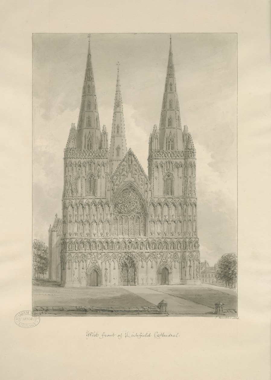Katedrála Lichfield - Západní fronta: kresba v sépii, 1806 od John Buckler