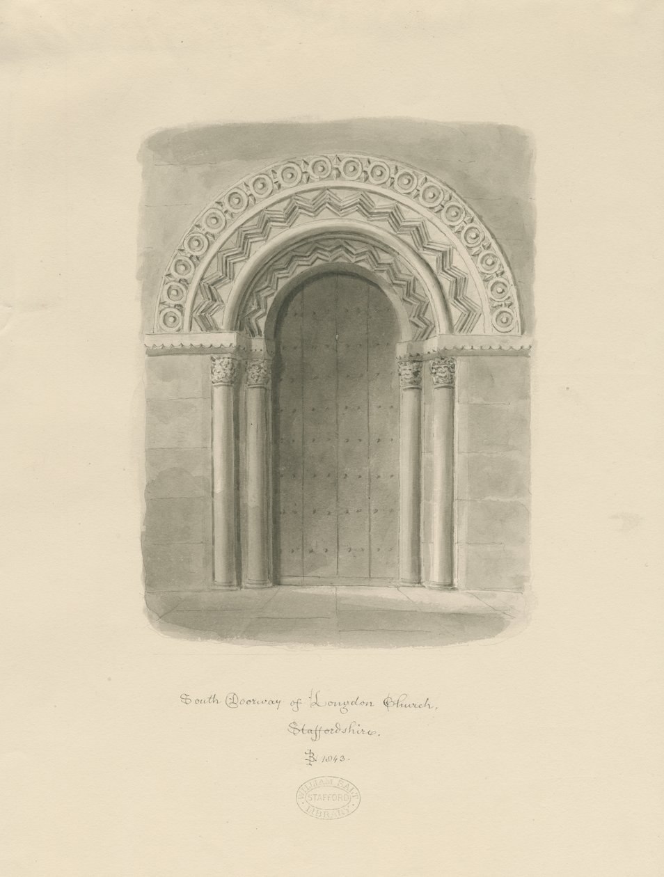 Longdon Church - South Doorway: sépiová kresba od John Buckler