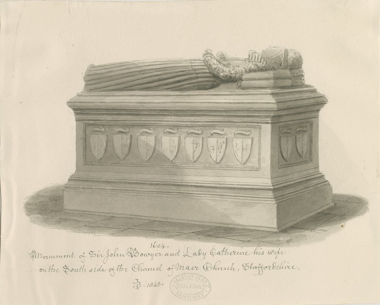 Kostel Maer - Památník sira Johna Bowyera a lady Catherine: sépiová kresba, 1843 od John Buckler