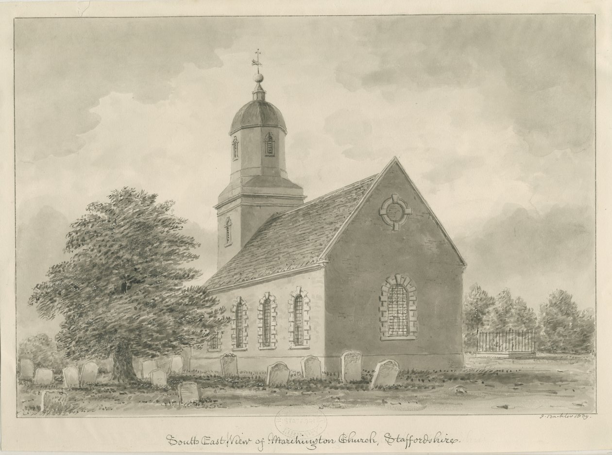 Marchington Church: sépiová kresba od John Buckler