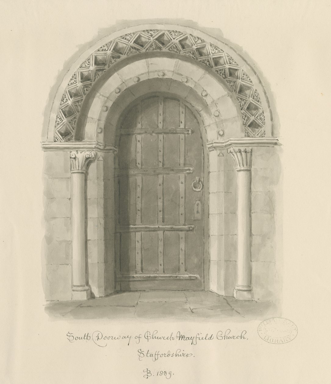 Mayfield Church - South Doorway: sépiová kresba, 1839 od John Buckler