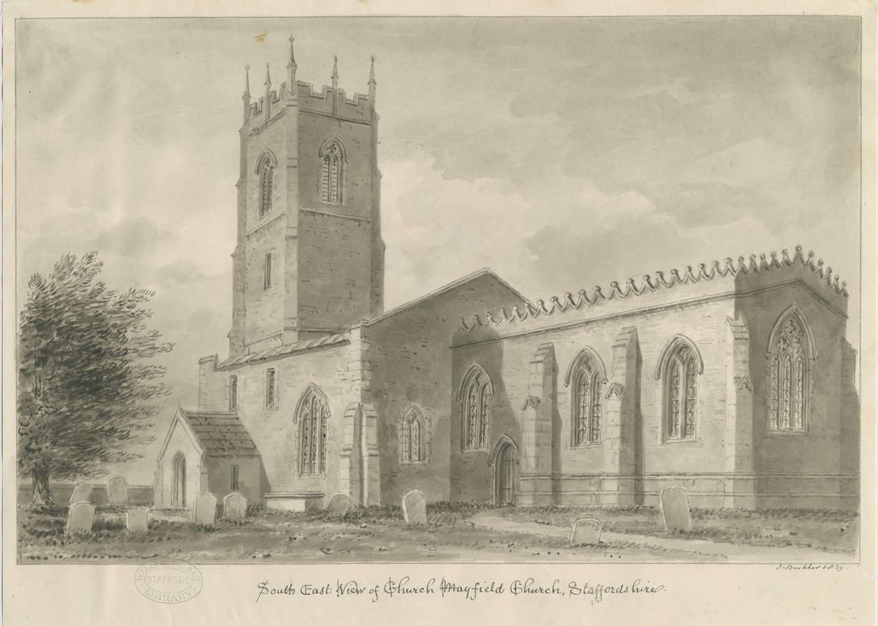 Mayfield Church: sépiová kresba, 1839 od John Buckler