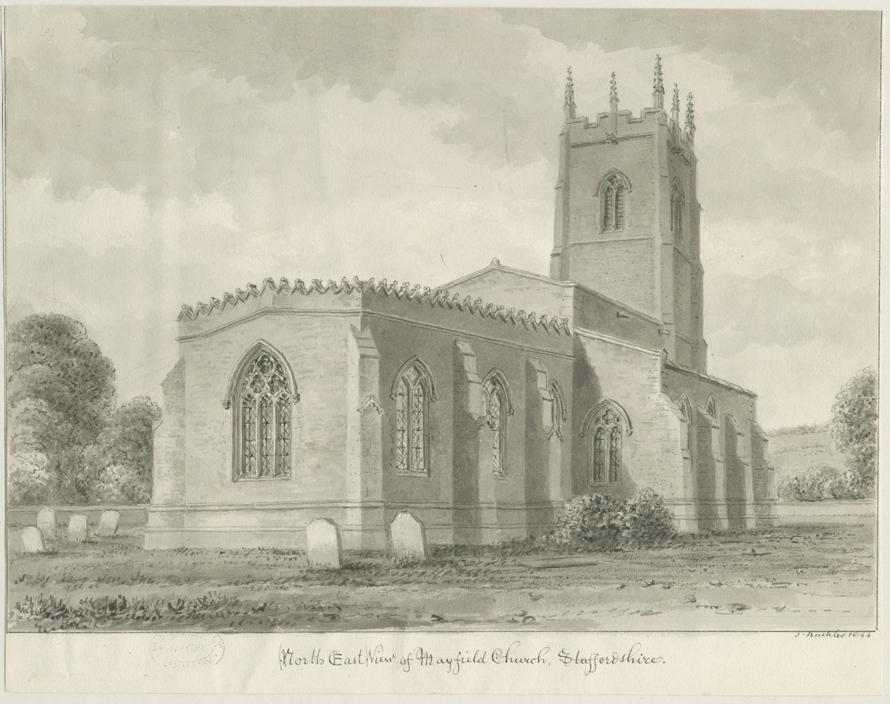 Mayfield Church: sépiová kresba, 1844 od John Buckler