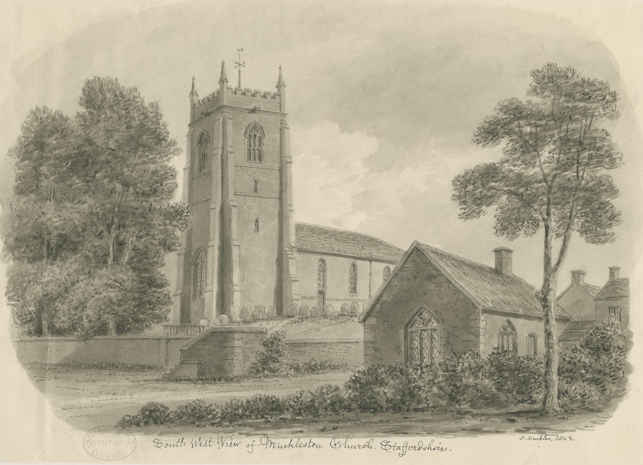 Mucklestone Church: sépie lavírovaná kresba od John Buckler