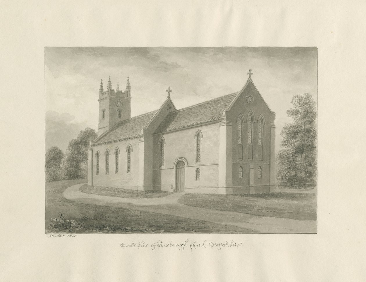 Newborough Church: sépie lavírovaná kresba od John Buckler