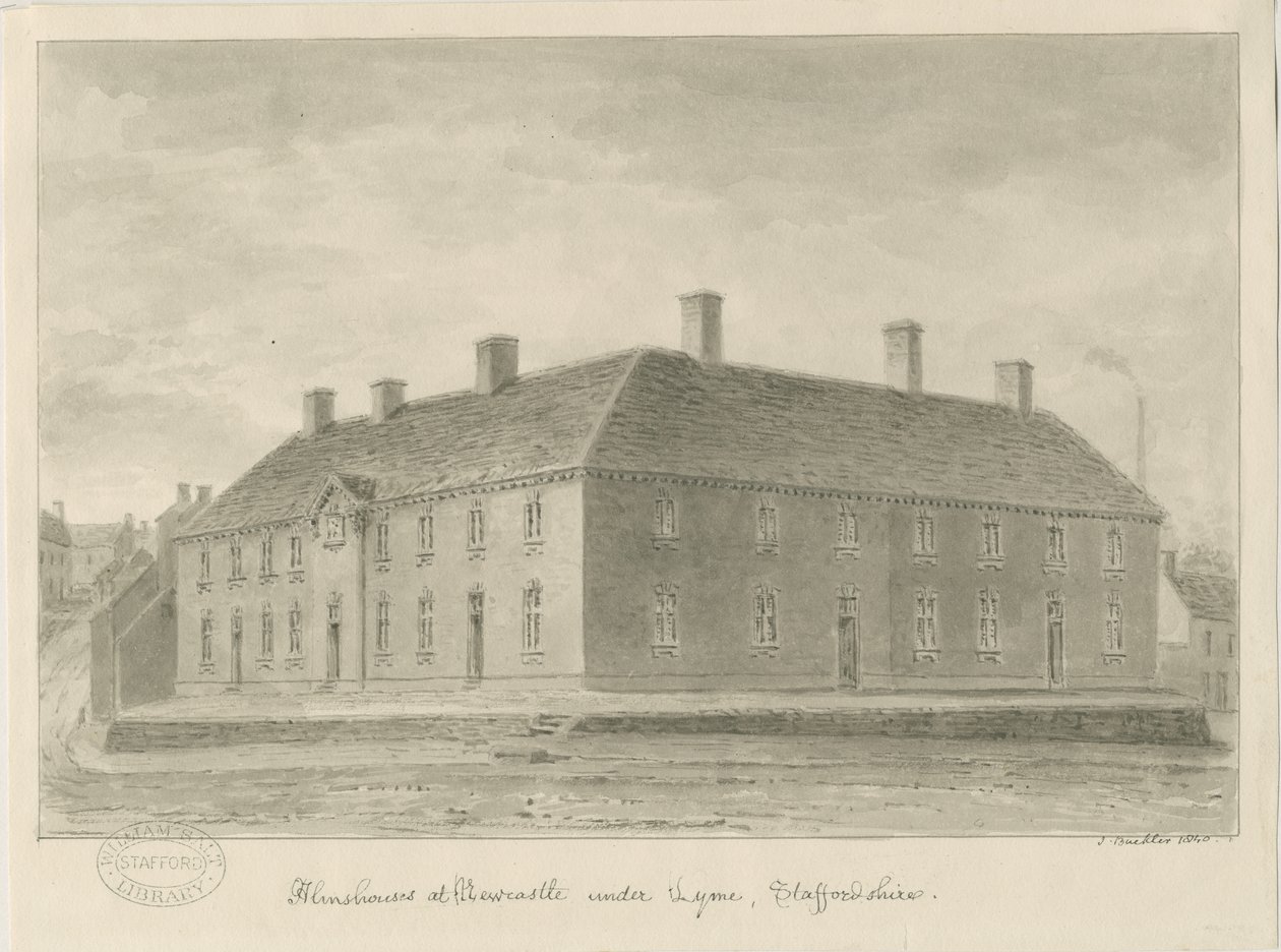 Newcastle-under-Lyme - Almshouses: sépiová kresba, 1840 od John Buckler