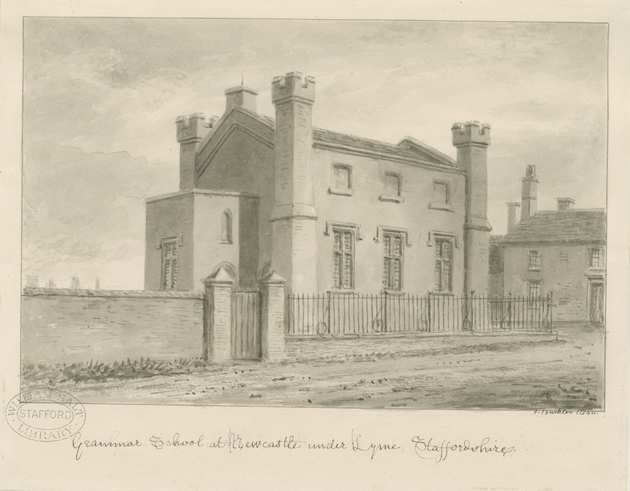 Newcastle-under-Lyme - Gymnázium: sépiová kresba, 1840 od John Buckler