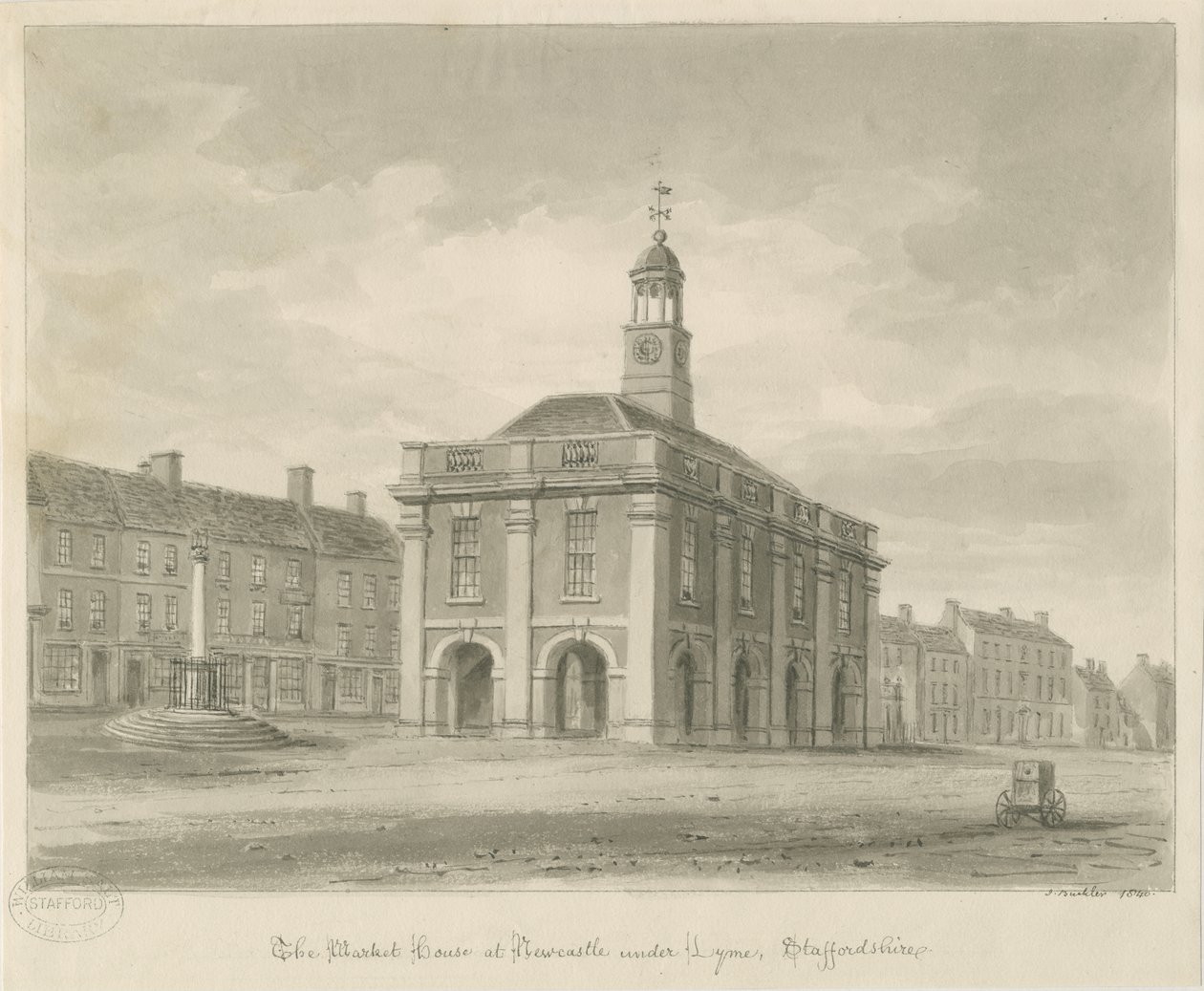 Newcastle-under-Lyme - Market Square: sépiová kresba, 1840 od John Buckler