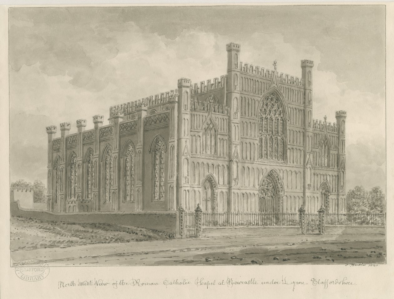 Newcastle-under-Lyme - římskokatolická kaple: sépiová kresba, 1840 od John Buckler