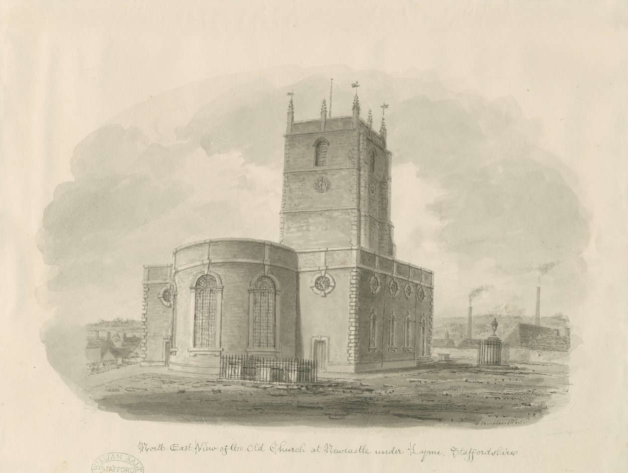 Newcastle-under-Lyme - "St. Giles the Abbot" (Starý kostel): kresba sepiovou barvou od John Buckler