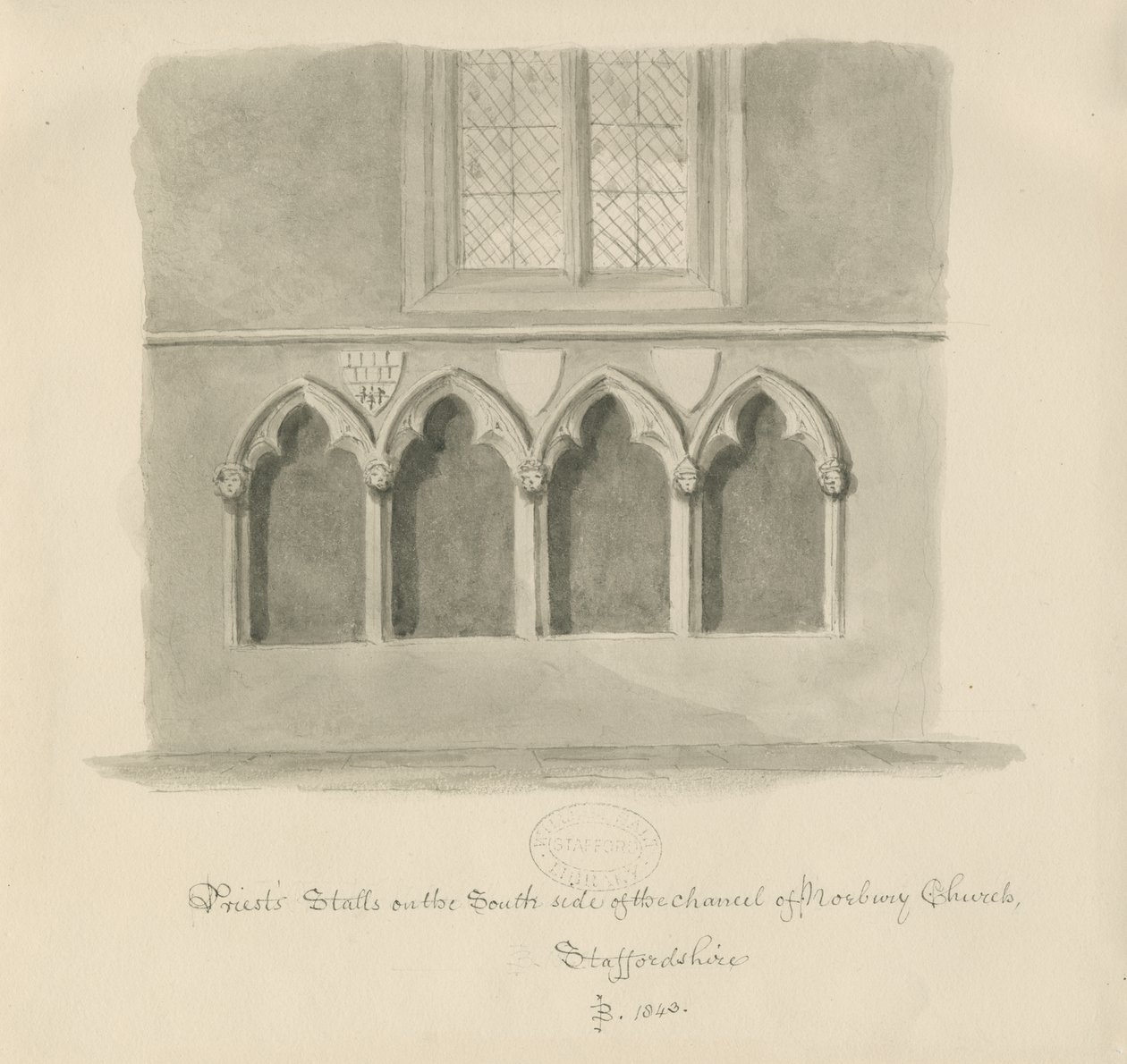 Stánky Norbury Church - Priests: sépiová kresba, 1843 od John Buckler