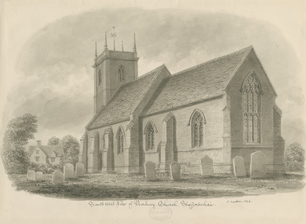 Norbury Church: sépiová lavírovaná kresba, 1843 od John Buckler