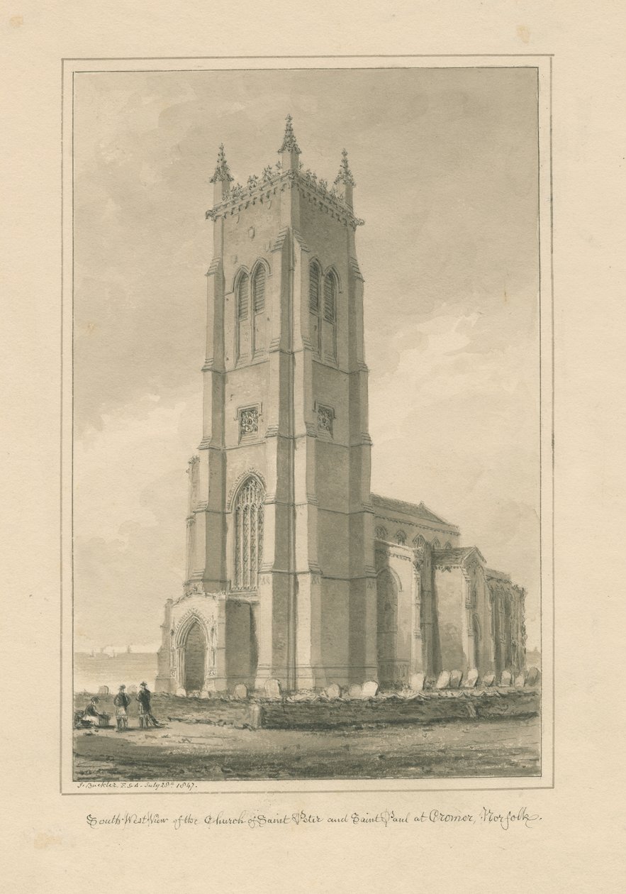 Norfolk - Cromer - Kostel sv. Petra a Pavla: sépiová kresba, 1847 od John Buckler