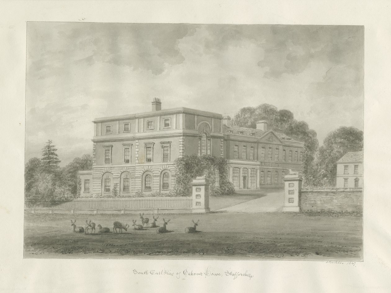 Okeover Hall: sépiová lavírovaná kresba, 1847 od John Buckler