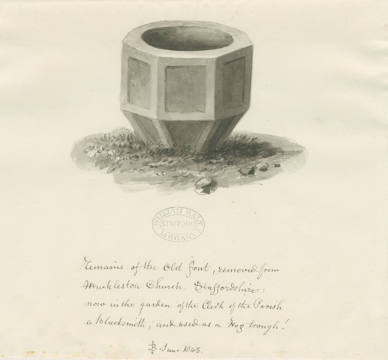 Old Font from Mucklestone Church: sépiová kresba, červen 1843 (kresba) od John Buckler