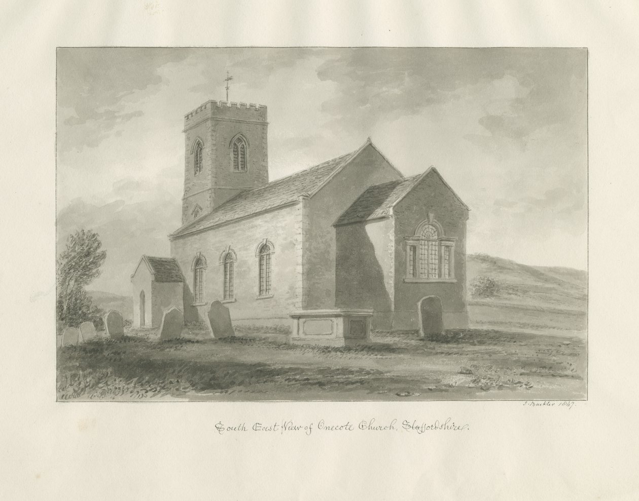 Onecote Church: sépiová lavírovaná kresba, 1847 od John Buckler