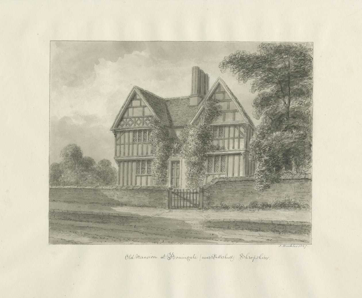 Patshull - Old Mansion at Boningale: sépiová kresba, 1847 od John Buckler