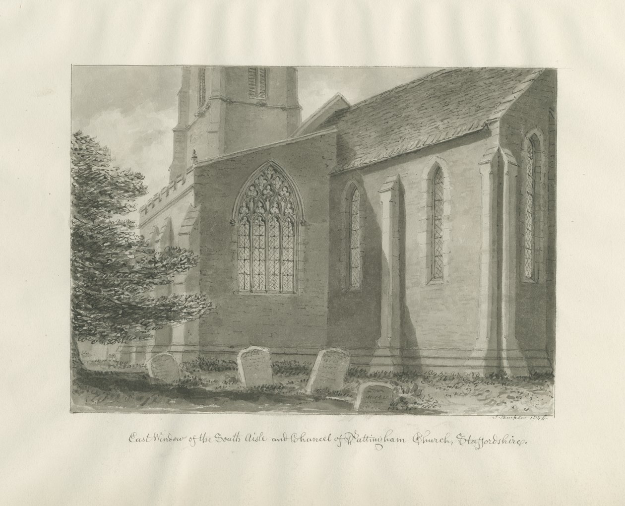 Pattingham Church - East Window: sépiová kresba, 1846 od John Buckler