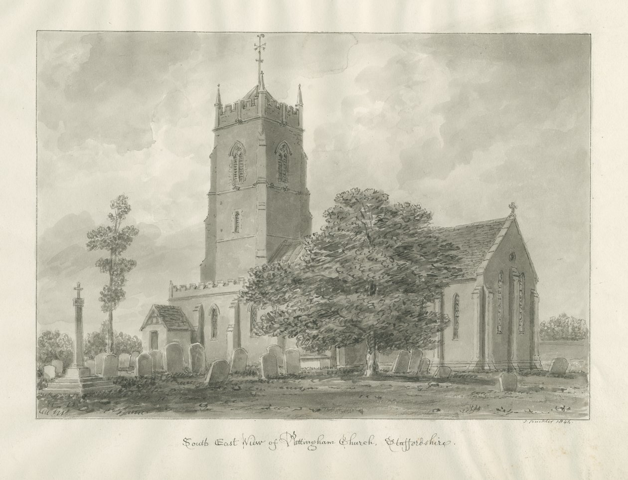 Pattingham Church: sépiová kresba od John Buckler