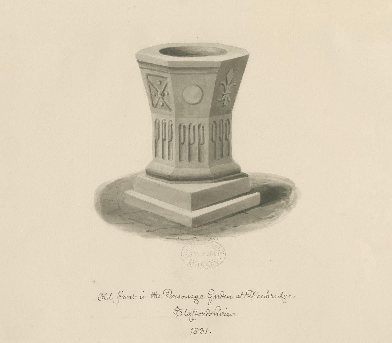 Penkridge - Font in Parsonage Garden: sépiová kresba od John Buckler