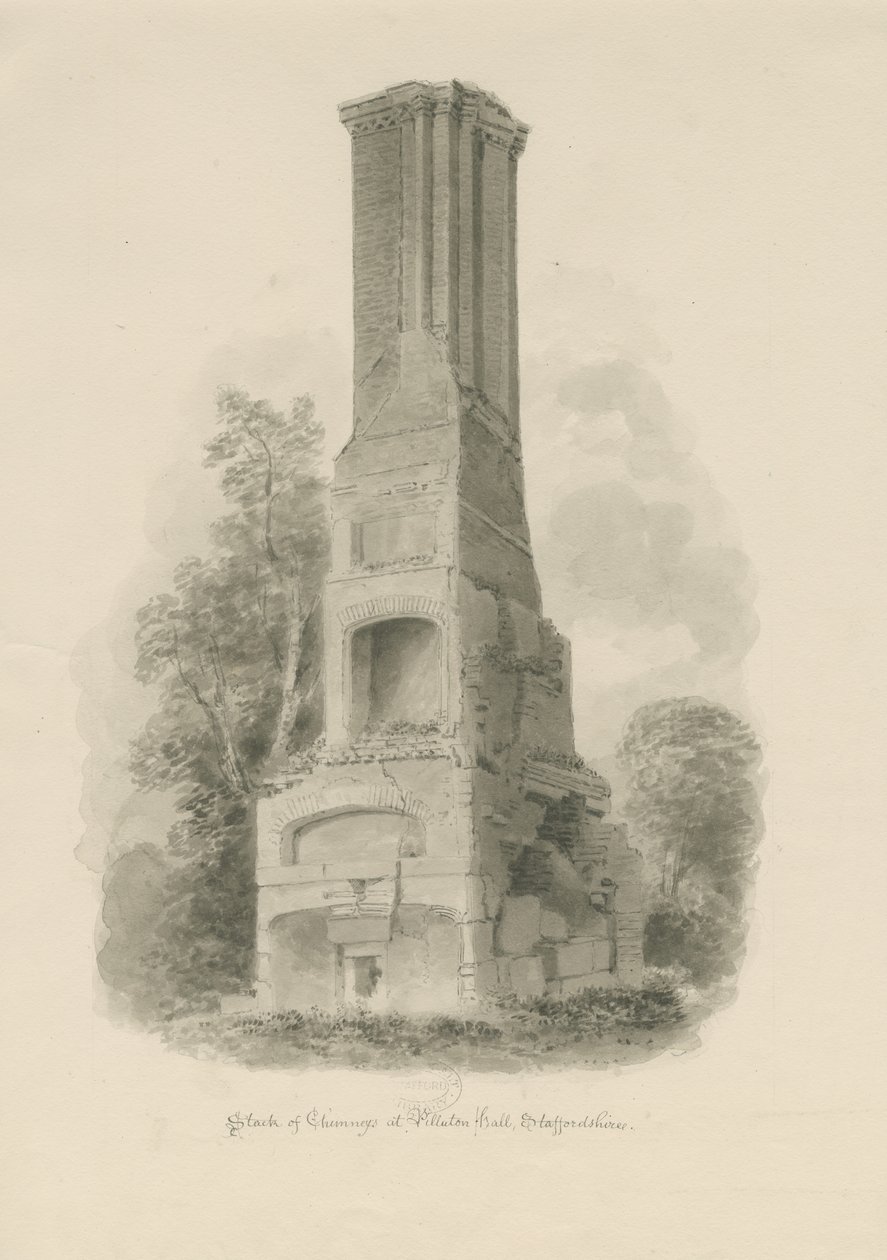 Pillaton Hall - Kuchyňský komín: kresba sépie (vinětovaná), nd [1841] (kresba) od John Buckler