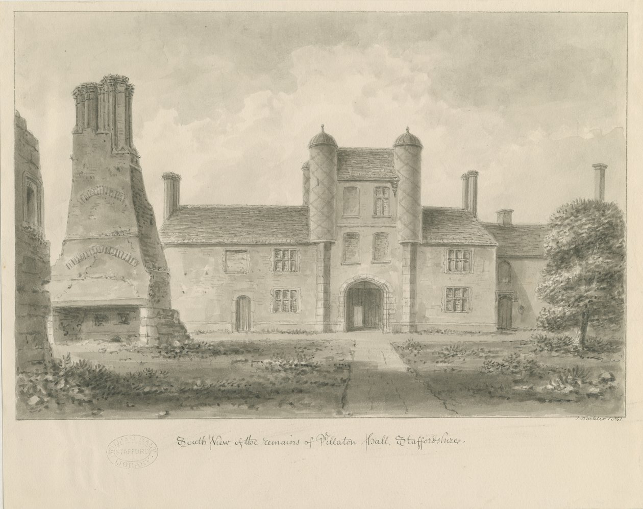 Pillaton Hall: sépiová kresba od John Buckler