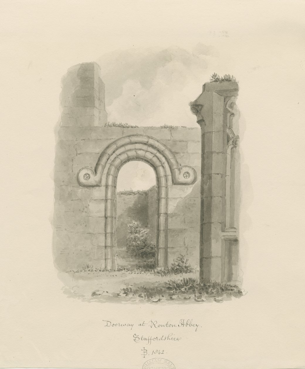Ranton Abbey [převorství] - Pozůstatky dveří: kresba v sépii od John Buckler