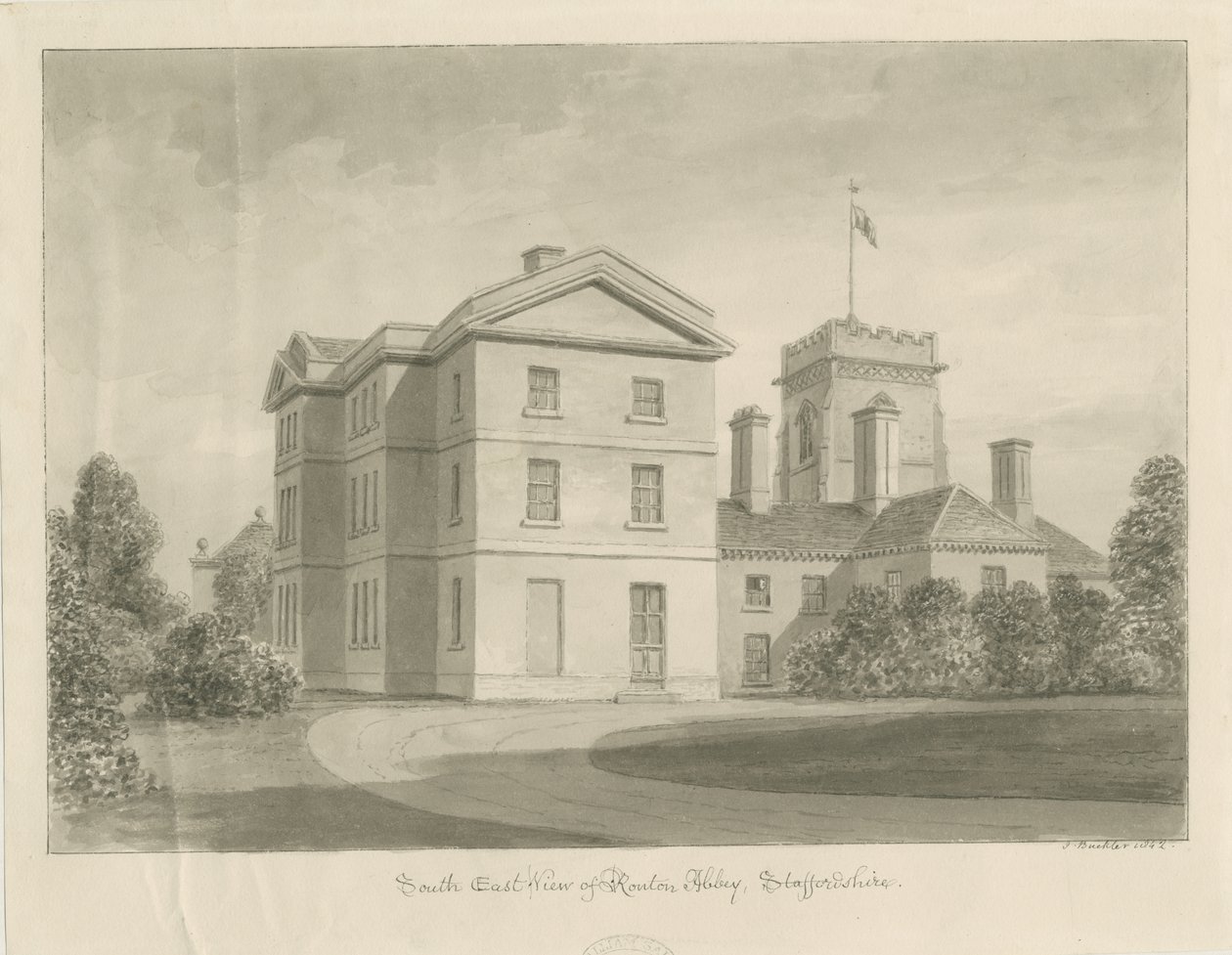 Ranton Abbey [převorství]: sépiová kresba, 1842 od John Buckler