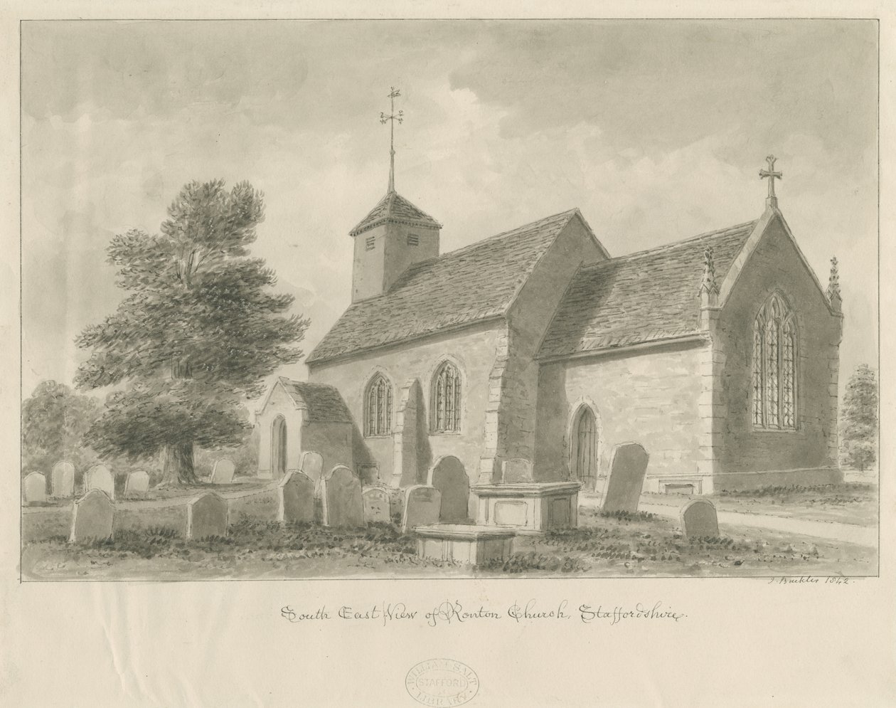 Ranton Church: sépiová kresba, 1842 od John Buckler