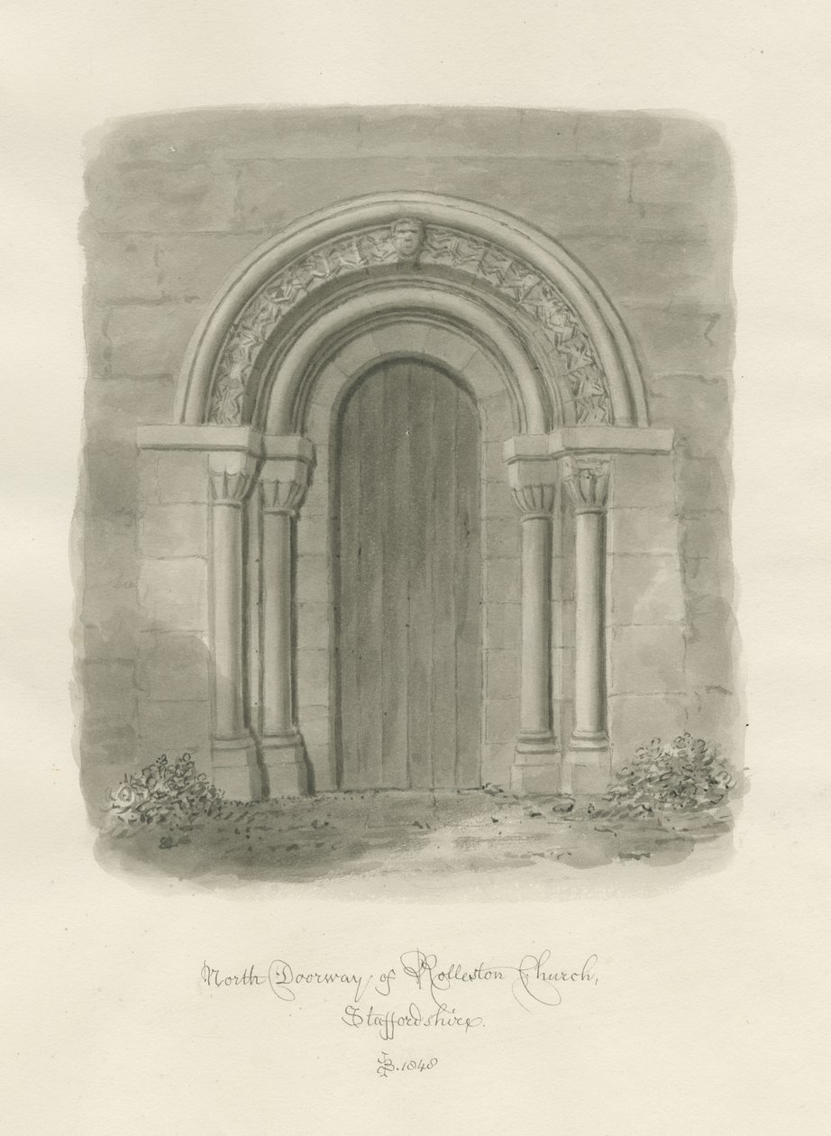 Rolleston Church - North Doorway: sépiová kresba od John Buckler