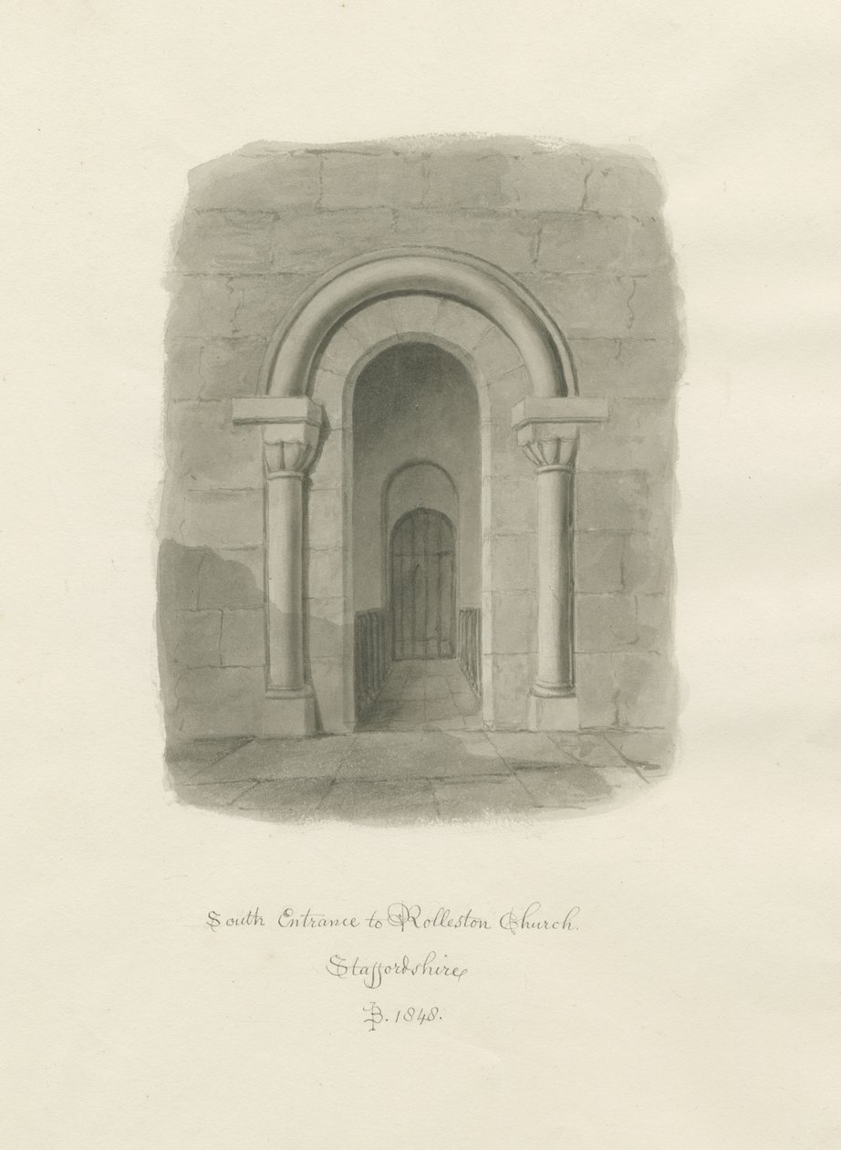Rolleston Church - jižní vchod: sépiová kresba od John Buckler