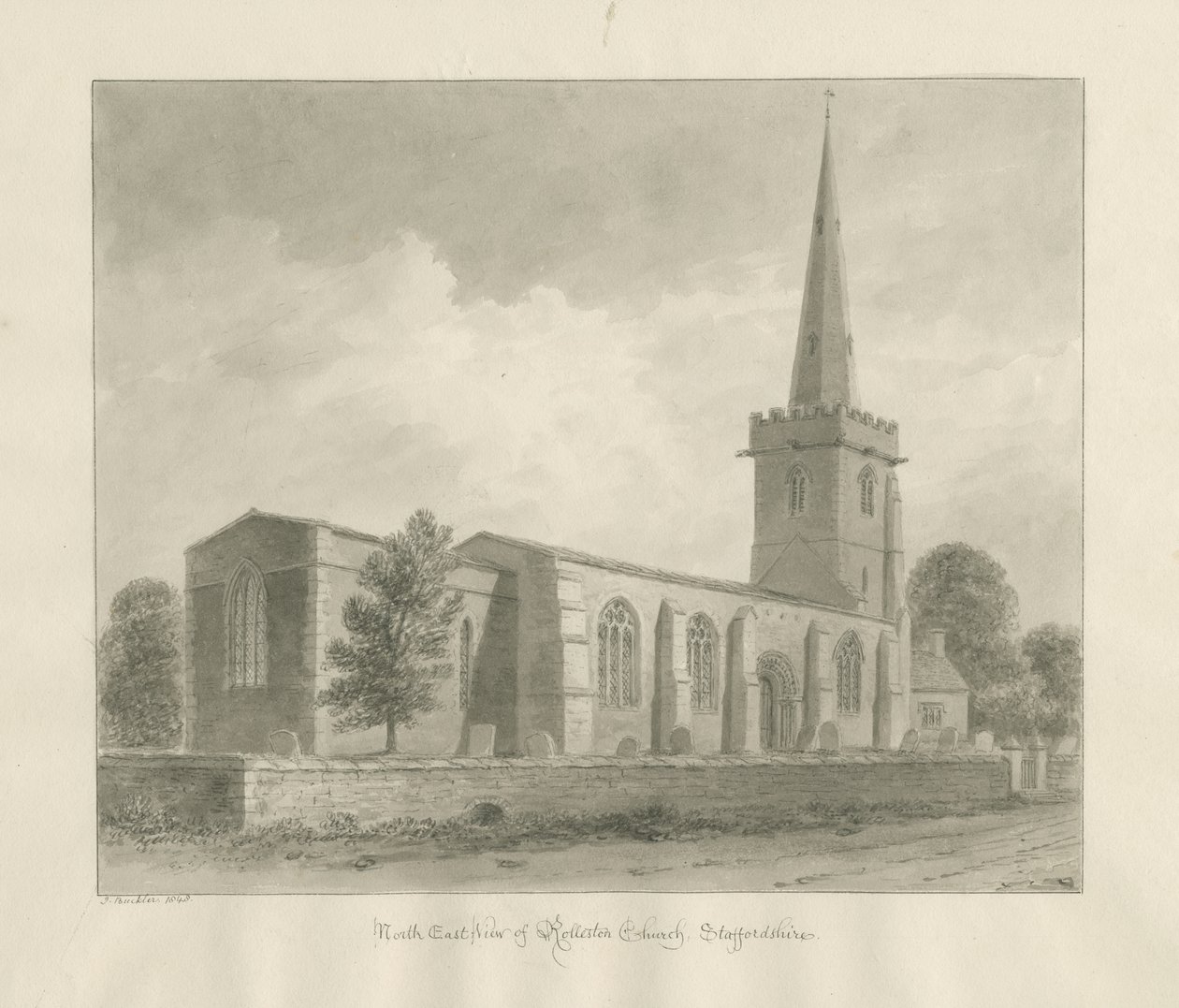 Rolleston Church: sépiová kresba, 1848 od John Buckler