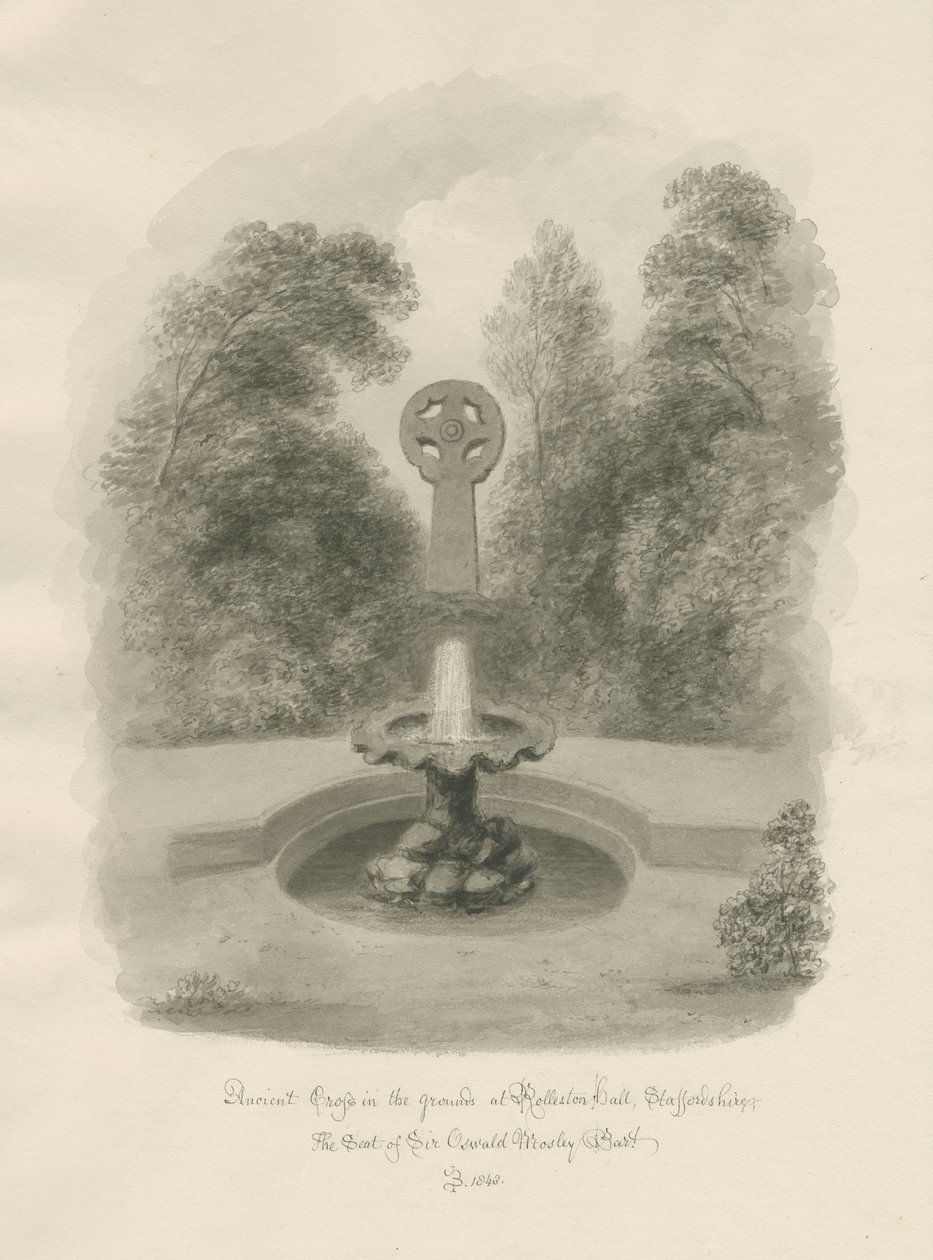 Rolleston Hall - Starověký kříž: sépiová kresba, 1848 od John Buckler