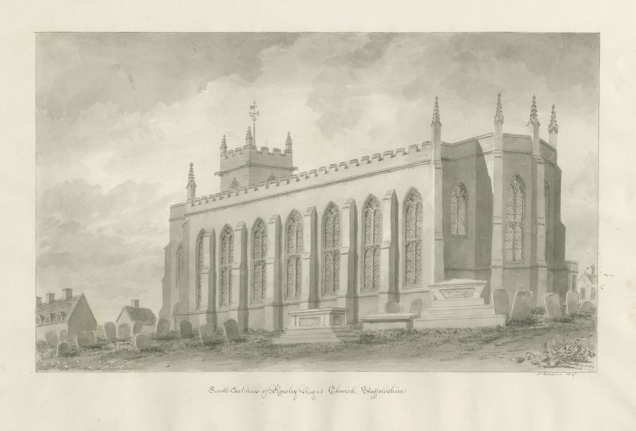 Kostel Rowley Regis: sépiová kresba, 1847 od John Buckler