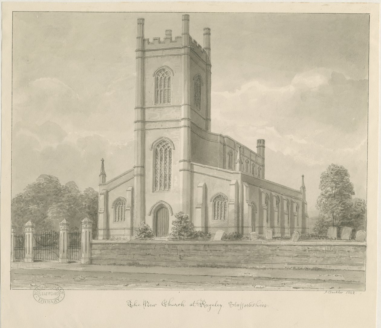 Rugeley Church (New): sépiová lavírovaná kresba od John Buckler