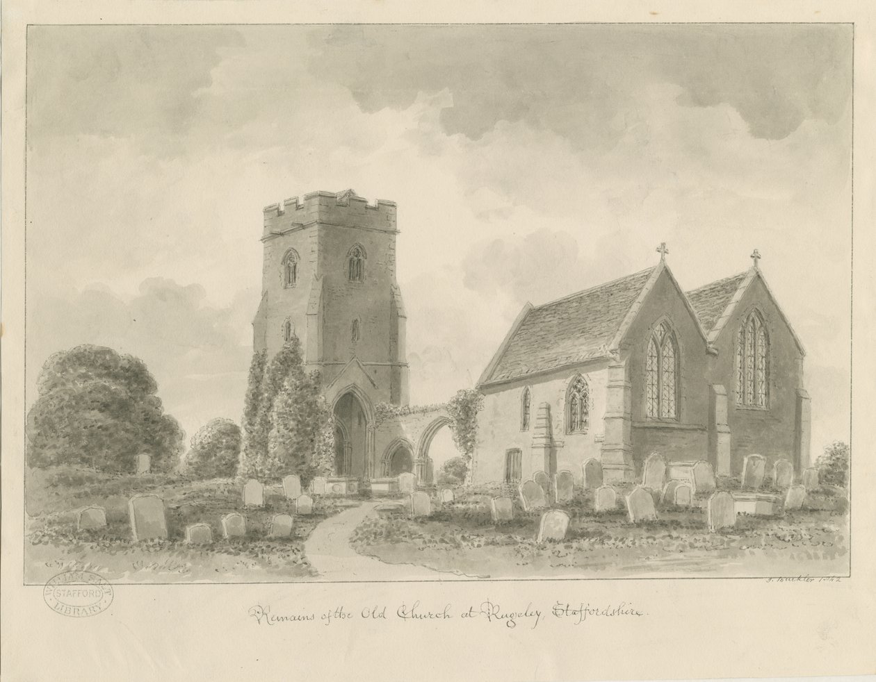 Rugeley Church (Starý): sépiová kresba od John Buckler