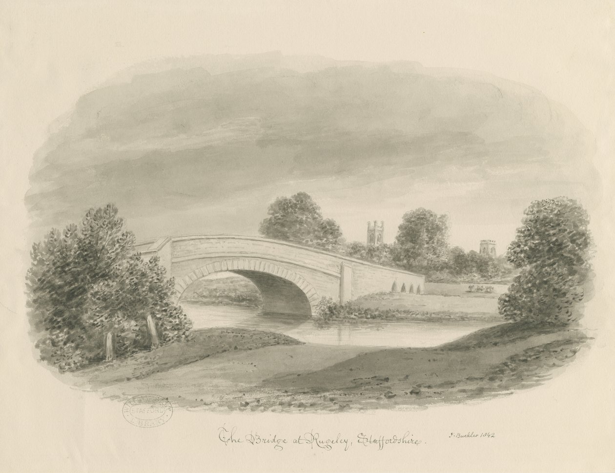 Rugeley Town - Bridge: sépiová kresba, 1842 od John Buckler