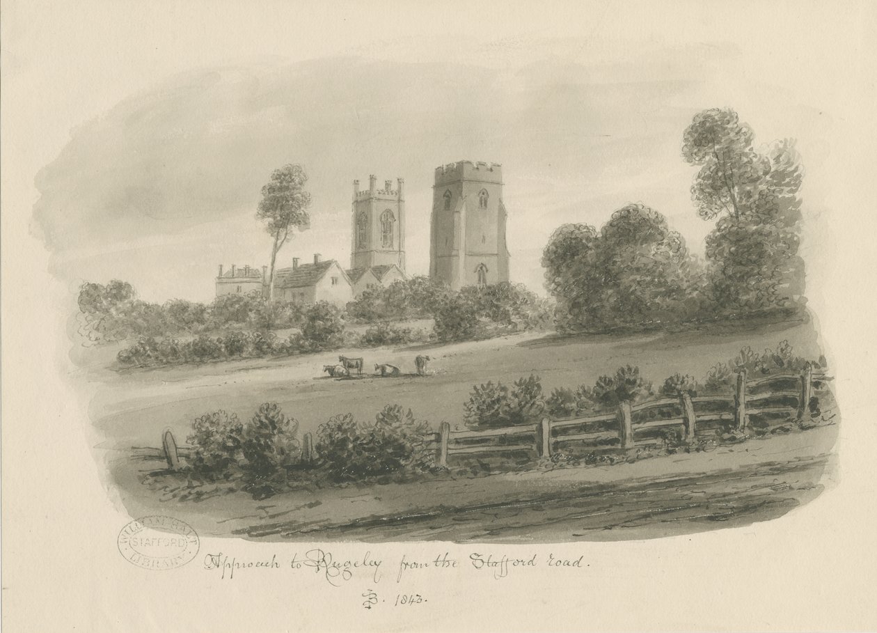 Rugeley Town - From the Stafford Road: sépiová kresba od John Buckler