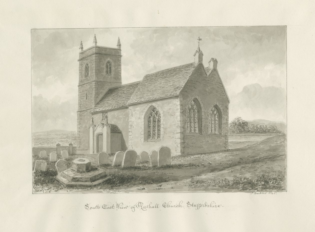 Rushall Church: sépiová kresba, 1845 od John Buckler