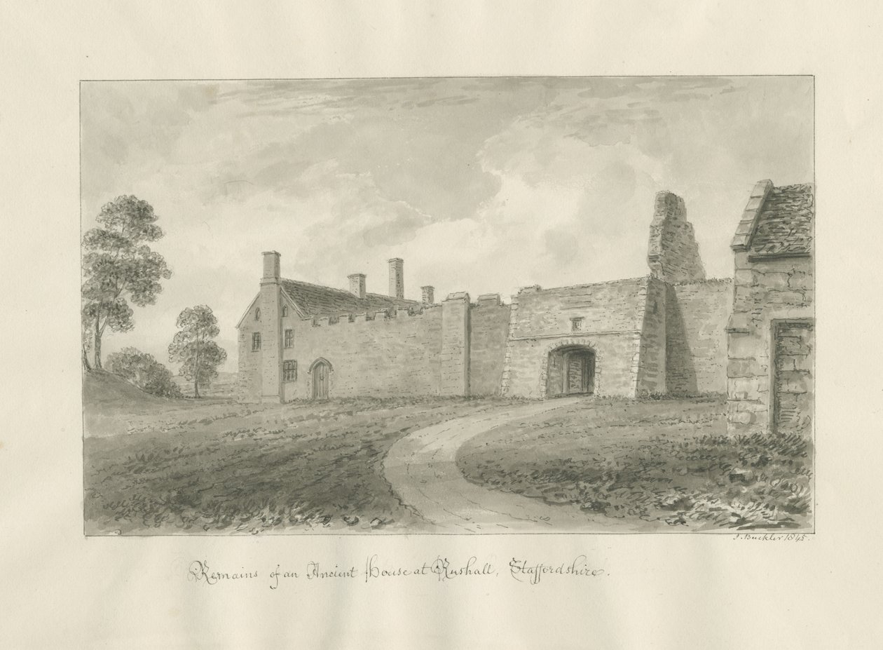 Rushall Hall: sépiová lavírovaná kresba od John Buckler