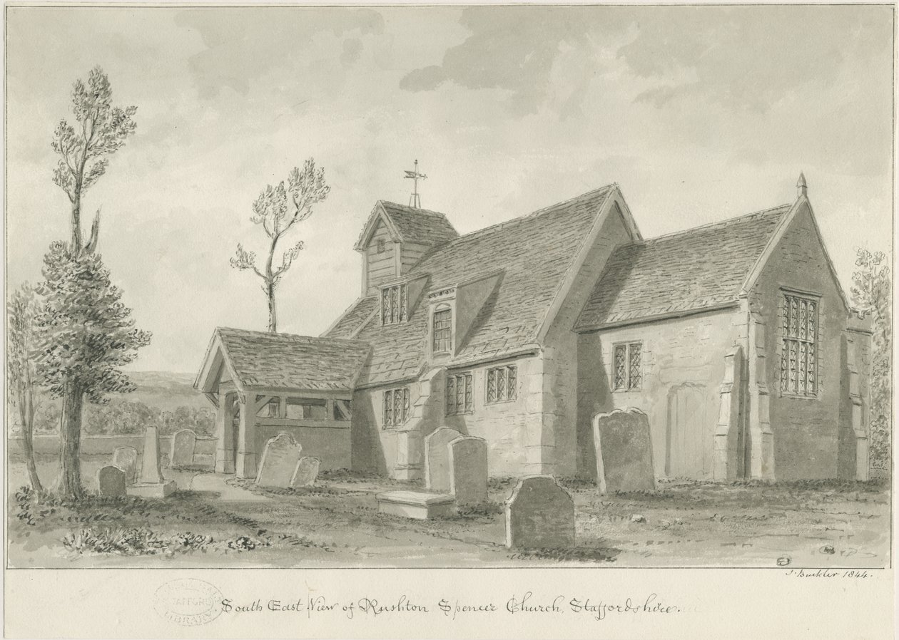 Rushton Spencer Church: sépiová lavírovaná kresba, 1844 od John Buckler